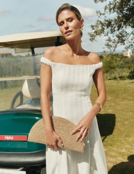 Midi dress with flared silhouette and bardot neckline