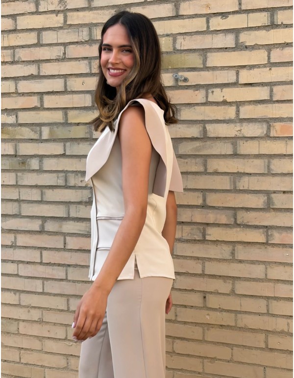 Elegant ivory two-piece ensemble with flowing drape for... 2