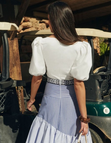 Maxi skirt with cascade of ruffles and print