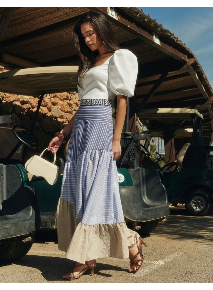 Maxi skirt with cascade of ruffles and print
