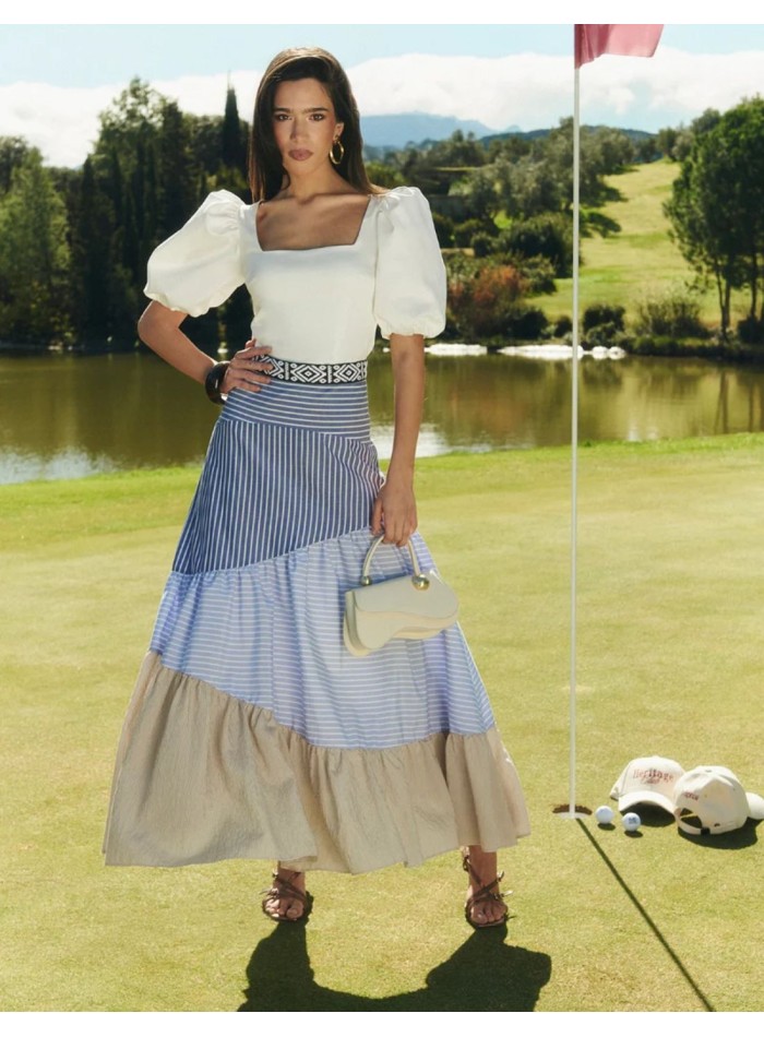 Maxi skirt with cascade of ruffles and print