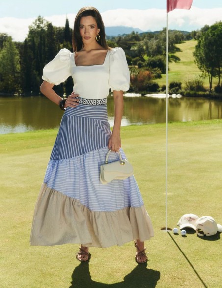 Maxi skirt with cascade of ruffles and print