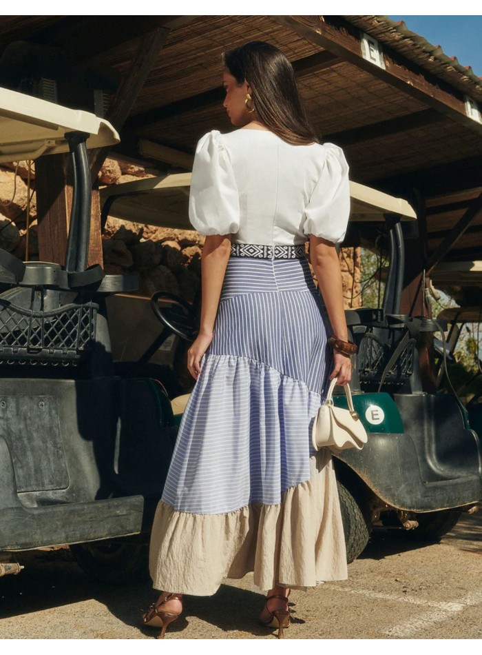 Maxi skirt with cascade of ruffles and print