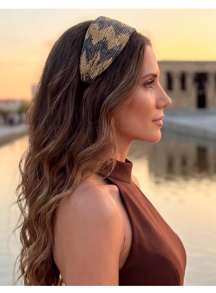 Bandeau bicolore en zigzag brun et beige doré