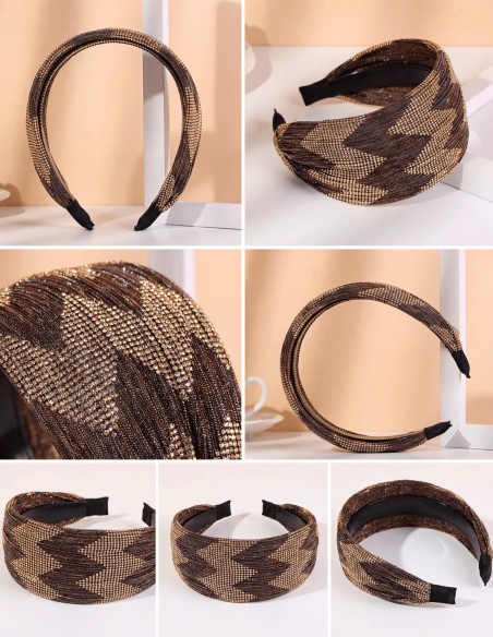 Diadema bicolor en zigzag marrón y beige dorado para invitada