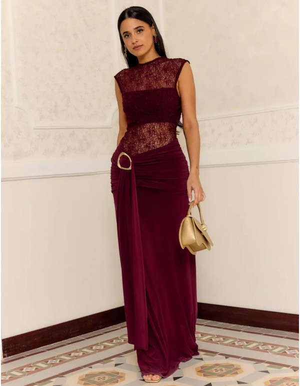 Vestido largo con silueta ceñida y combinación de tejidos