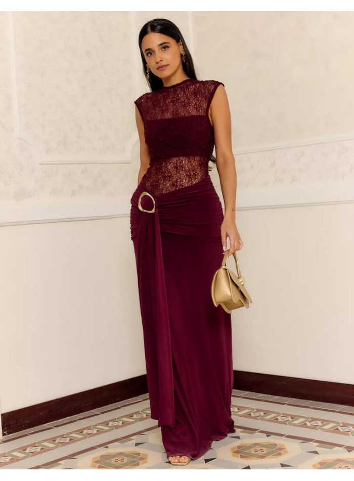 Vestido largo con silueta ceñida y combinación de tejidos