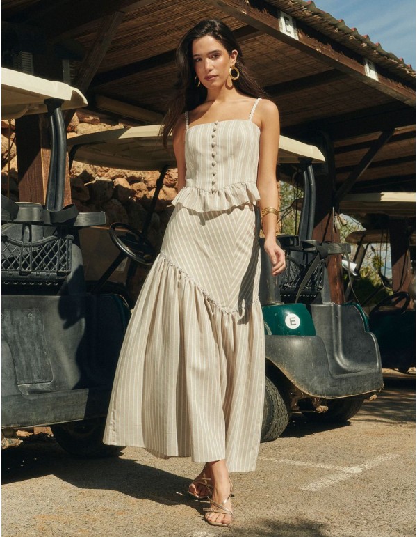 Midi skirt with striped print in sand and white tones