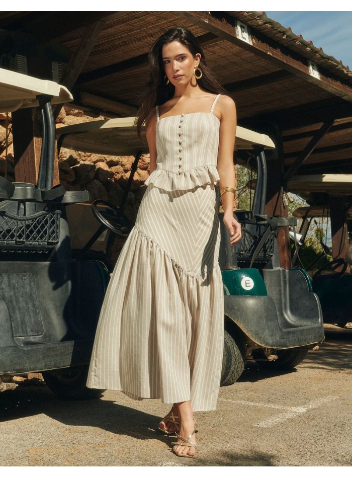 Falda midi con estampado de rayas en tonos arena y blanco