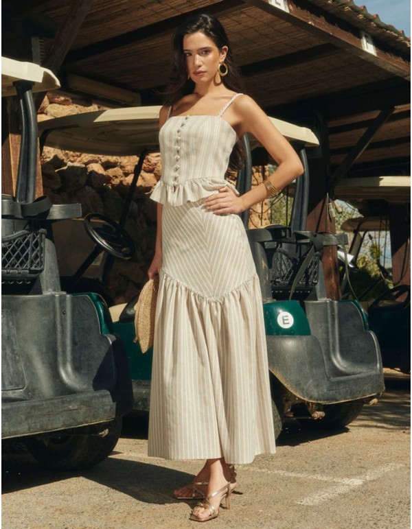 Falda midi con estampado de rayas en tonos arena y blanco 2