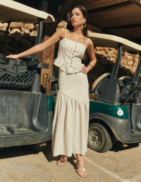 Midi skirt with striped print in sand and white tones