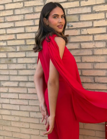 Asymmetrical guest jumpsuit with cape detail