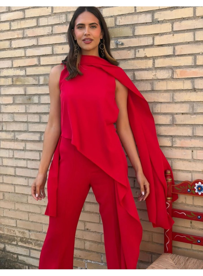 Asymmetrical guest jumpsuit with cape detail