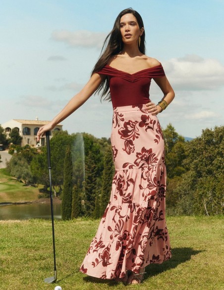 Jupe longue à motif floral dans les tons roses