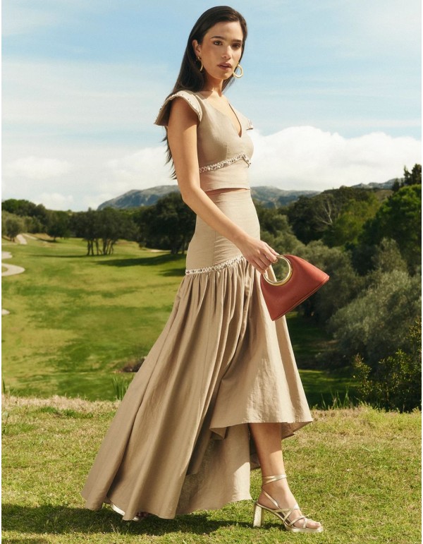 Camel midi skirt with hip cutout and cascading ruffle