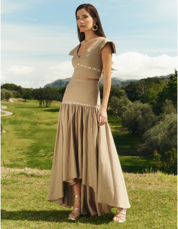 Camel midi skirt with hip cutout and cascading ruffle 2