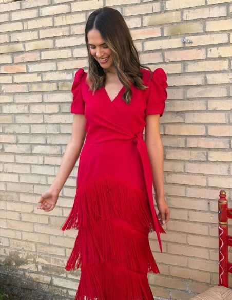 Red cross over midi dress with fringed skirt