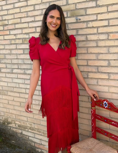 Red cross over midi dress with fringed skirt