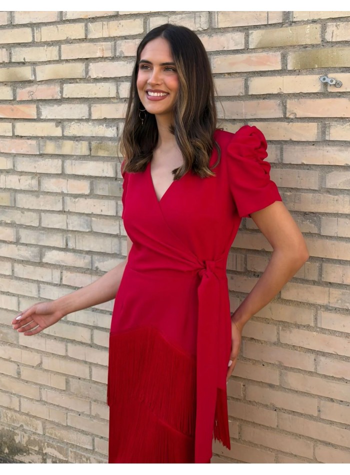 Red cross over midi dress with fringed skirt