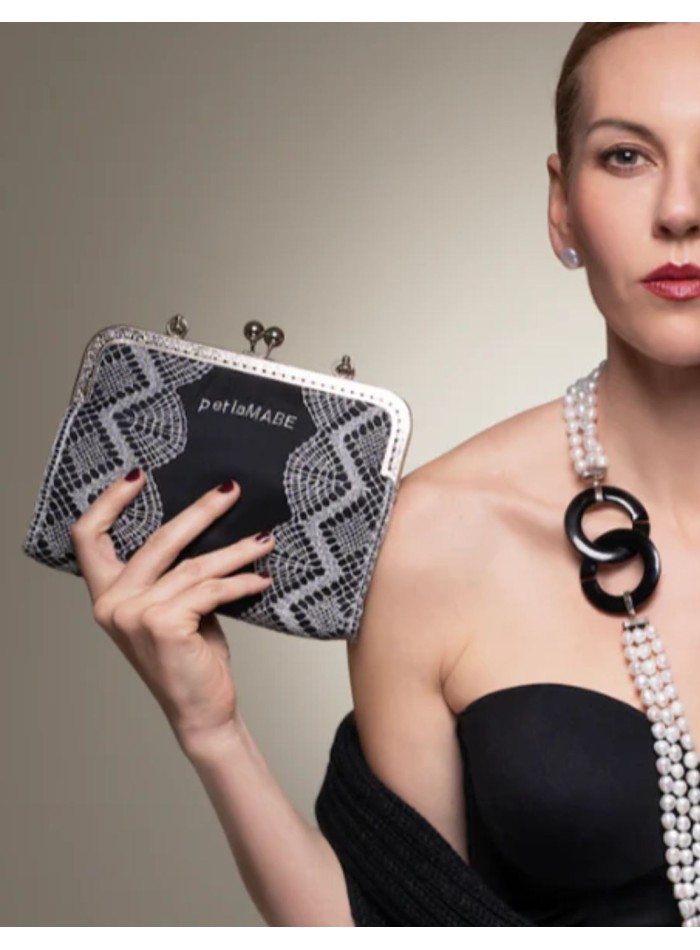 Black bag with handmade bobbin lace and elegant...