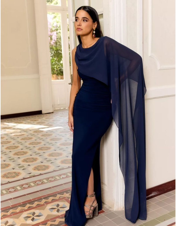 Long guest dress with round neckline and cape detail 2