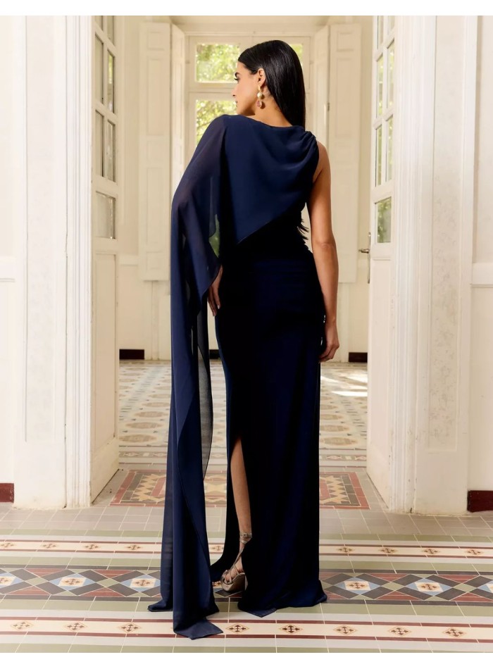 Long guest dress with round neckline and cape...
