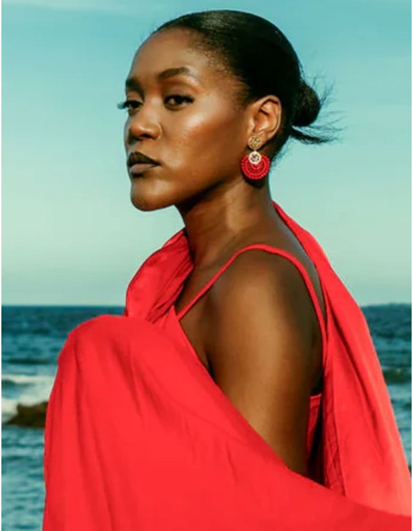 Handmade gold earrings with double hoop and red beads 2