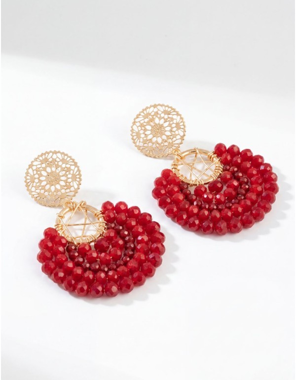 Handmade gold earrings with double hoop and red beads