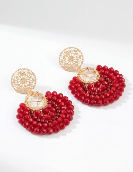 Handmade gold earrings with double hoop and red beads