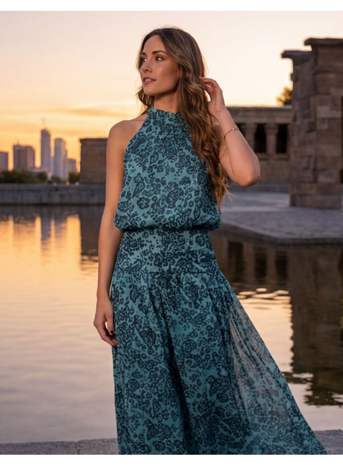 Blue printed two-piece set with halter neckline...