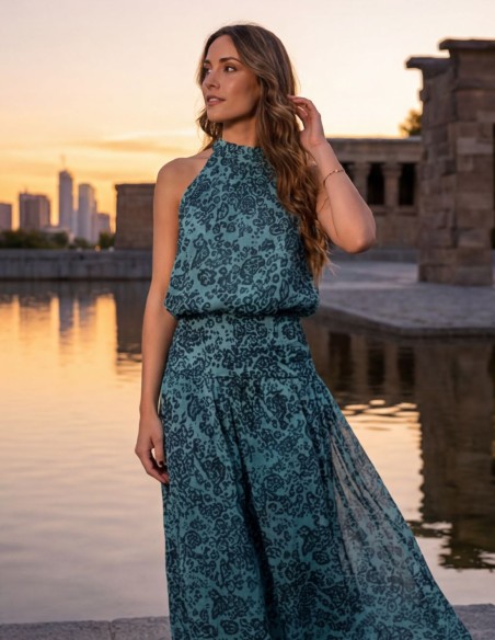 Blue printed two-piece set with halter neckline and flowing skirt