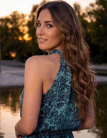 Blue printed two-piece set with halter neckline and flowing skirt