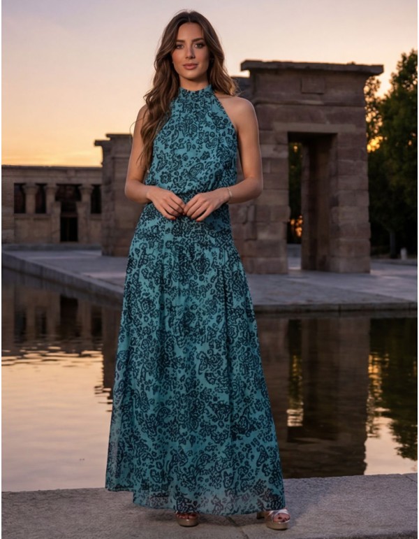 Blue printed two-piece set with halter neckline and...