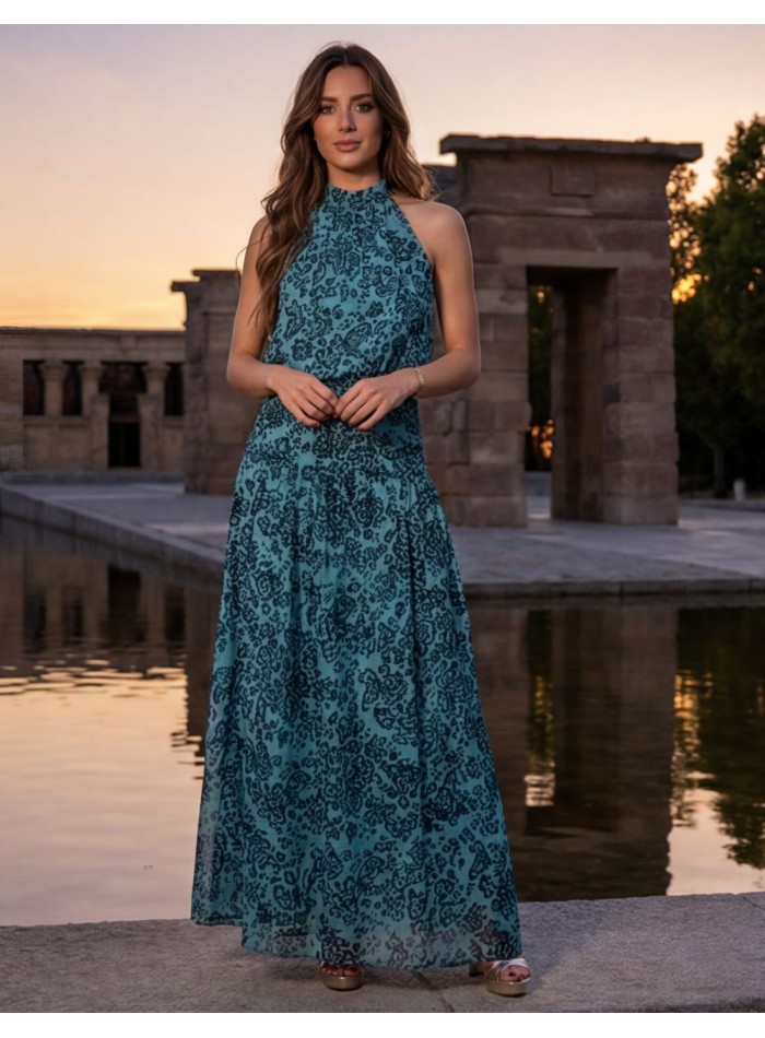 Blue printed two-piece set with halter neckline...