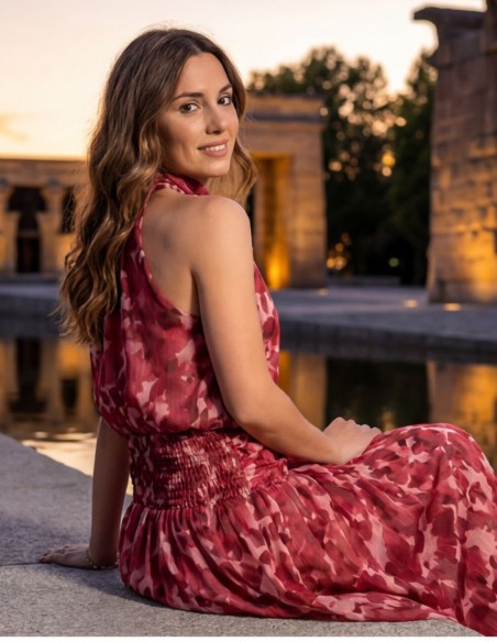 Red and pink printed set with halter neckline