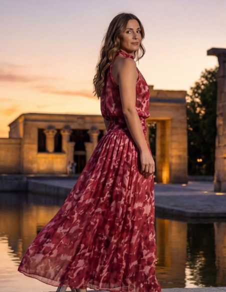 Red and pink printed set with halter neckline