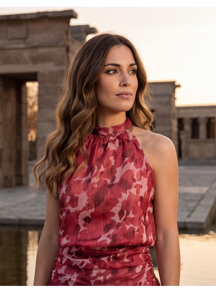 Red and pink printed set with halter neckline