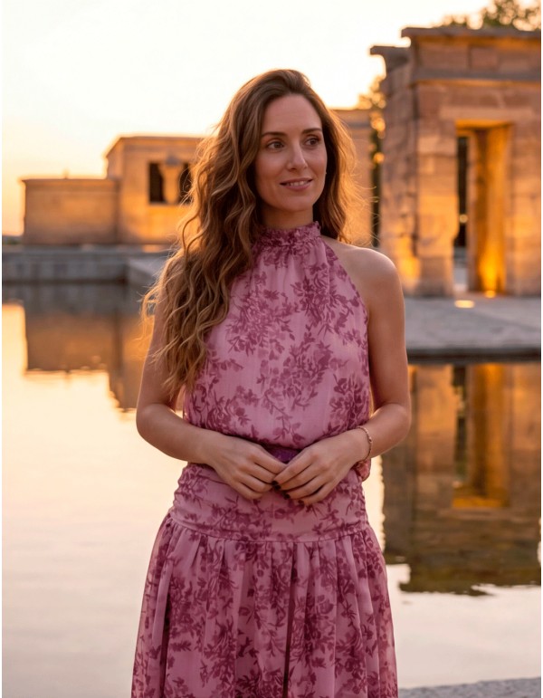 Tenue d'invitée avec dos nu et jupe longue imprimée dans les tons roses 2