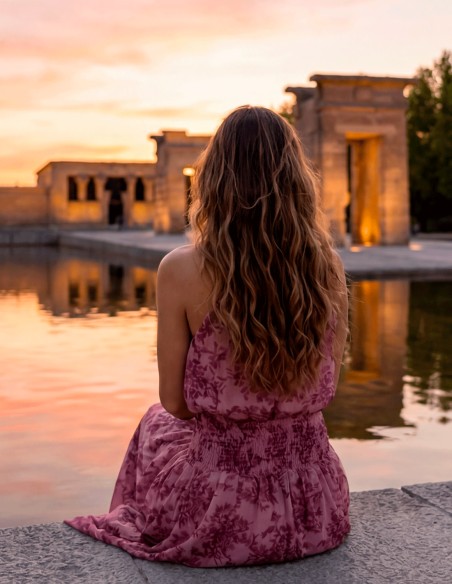 Tenue d'invitée avec dos nu et jupe longue imprimée dans les tons roses