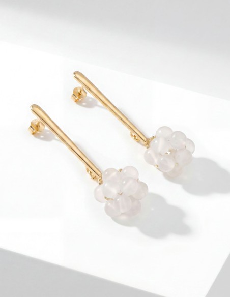 Long gold plated steel earrings with white quartz