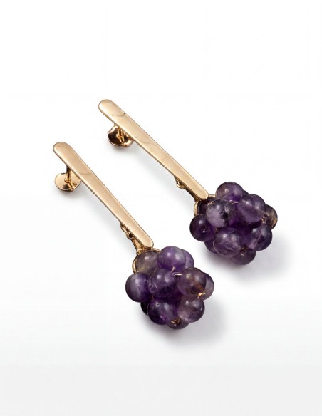 Long gold plated stainless steel earrings with amethyst
