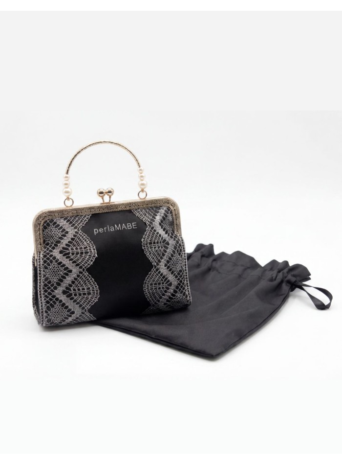 Bolso negro con encaje de bolillos artesanal y...