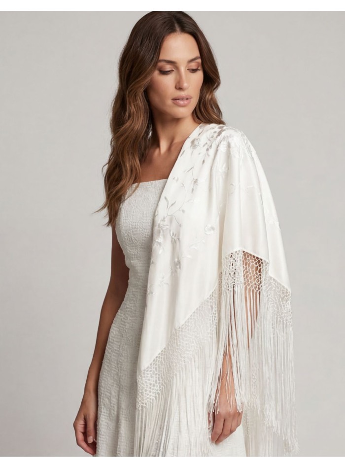Hand embroidered ivory Manila shawl with...