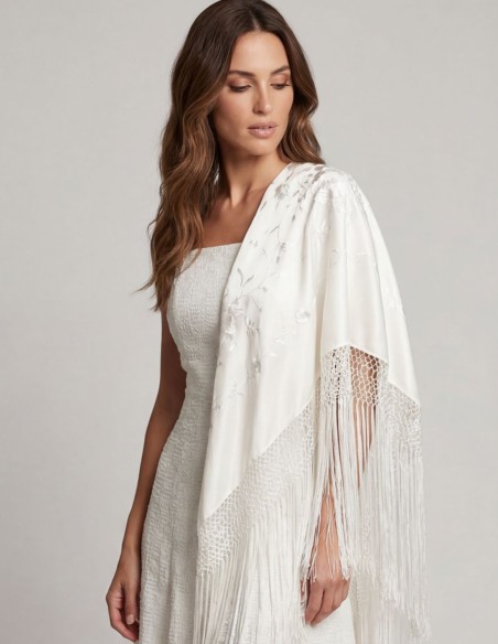 Hand embroidered ivory Manila shawl with handcrafted bangs
