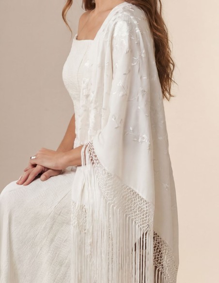 Hand embroidered ivory Manila shawl with handcrafted bangs