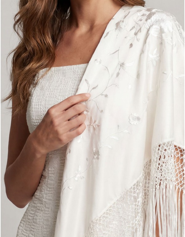 Hand embroidered ivory Manila shawl with handcrafted bangs 2