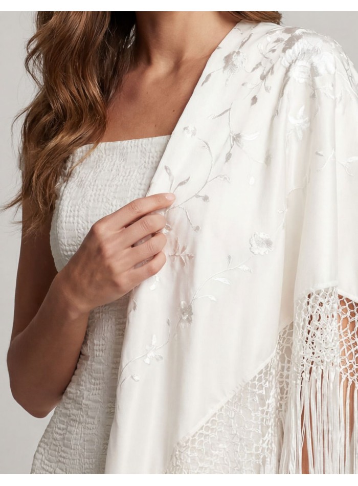 Hand embroidered ivory Manila shawl with...