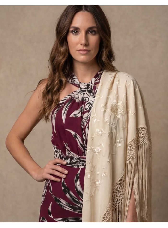 Mantón de Manila beige bordado a mano con...