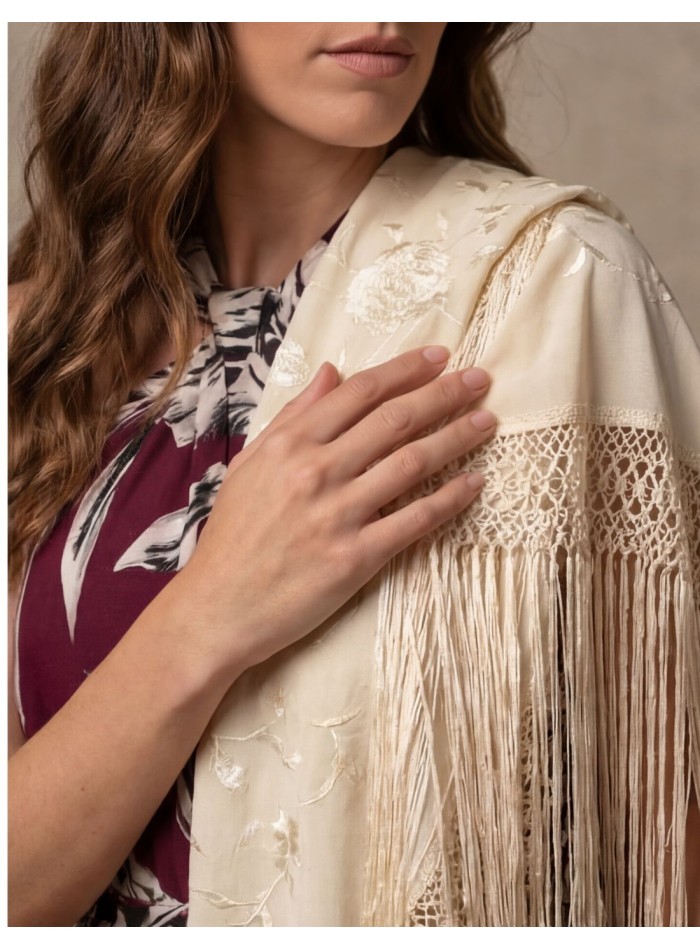 Hand embroidered beige Manila shawl with...