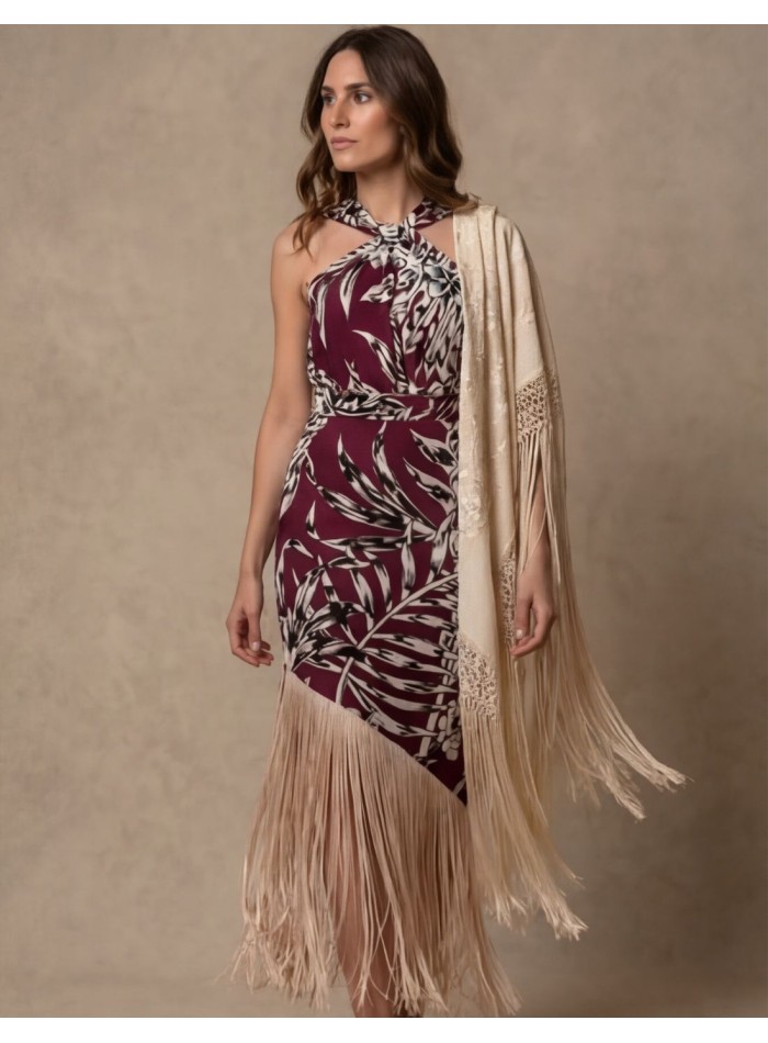 Hand embroidered beige Manila shawl with...